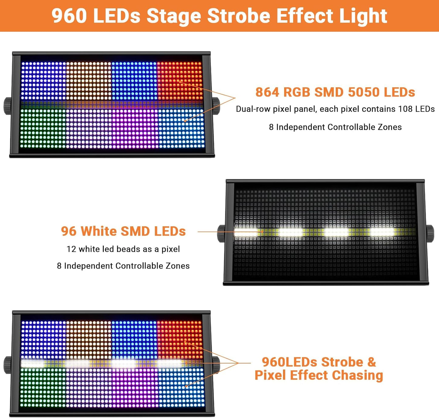 500W Stage Strobe Lights: 960LEDs RGBW 4IN1 - Metal Construction 135° Wide Coverage